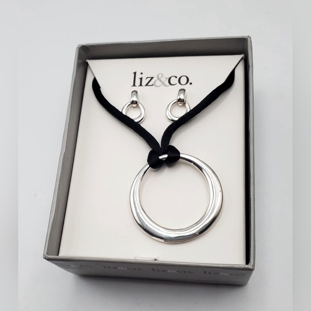 Liz & Co. Silver Tone Oval Charm Necklace And Matching Hoop Earrings Set